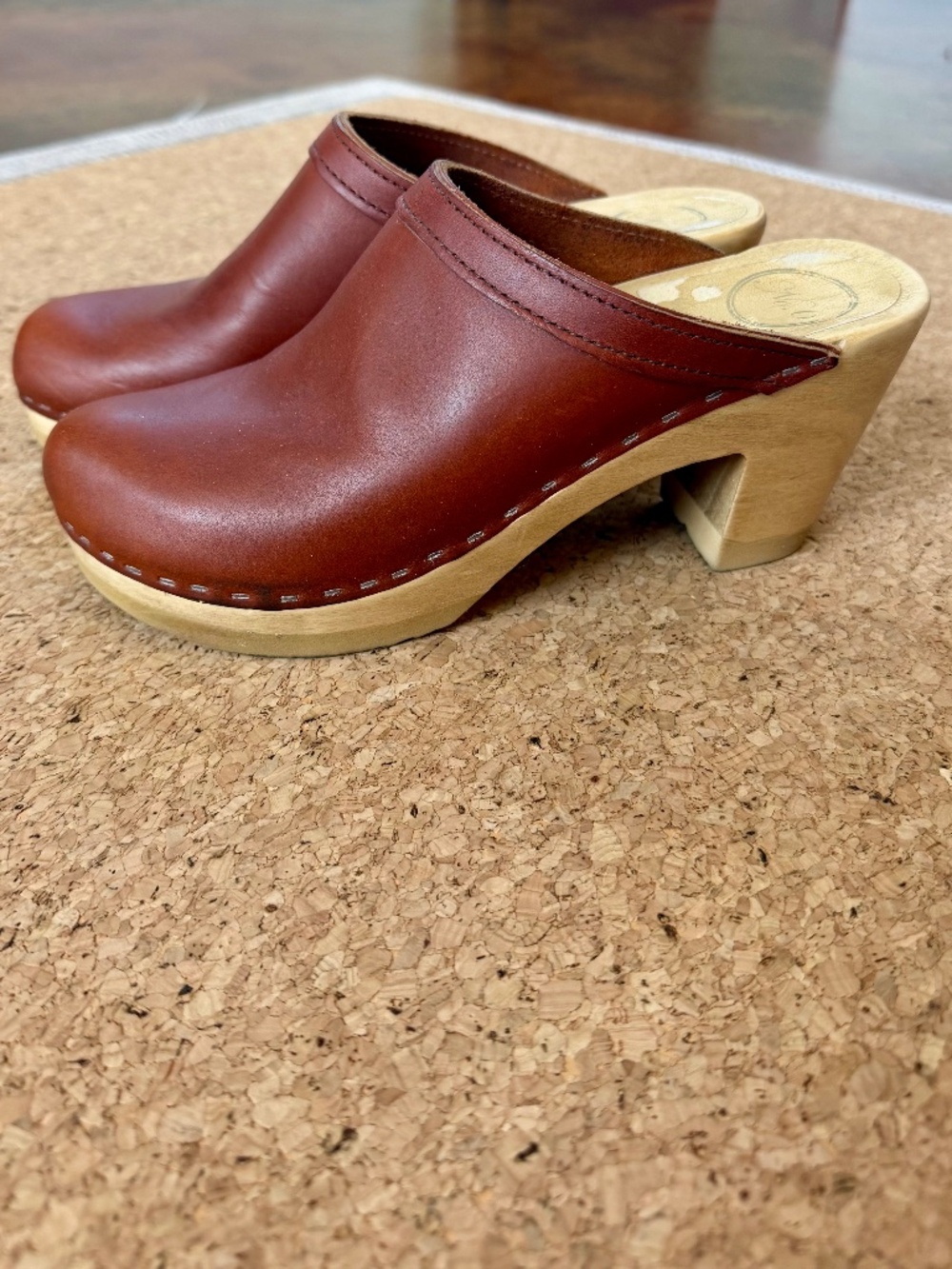 NO.6 STORE Old School Clog on High Heel in Bourbon Leather Wooden 3" Heel Size38